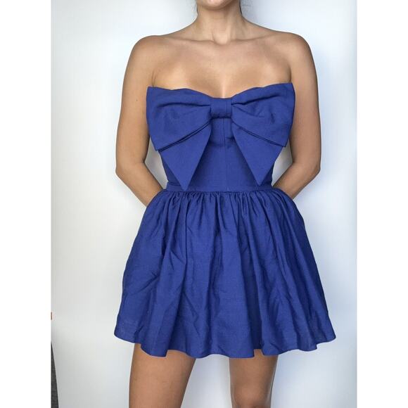VINTAGE VICTOR COSTA Blue STRAPLESS PROM DRESS GOWN w/ BOW Size 8 1980s - Picture 1 of 4